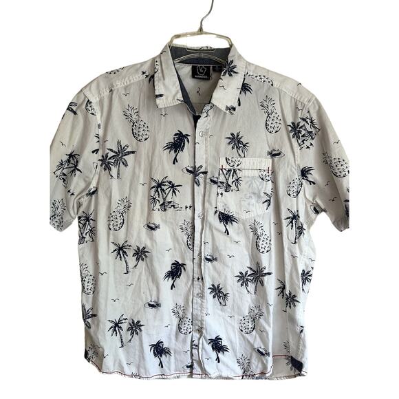 Men’s Burnside XL White/Navy Cotton Tropical Print Shirt Sleeve Shirt - Picture 1 of 6